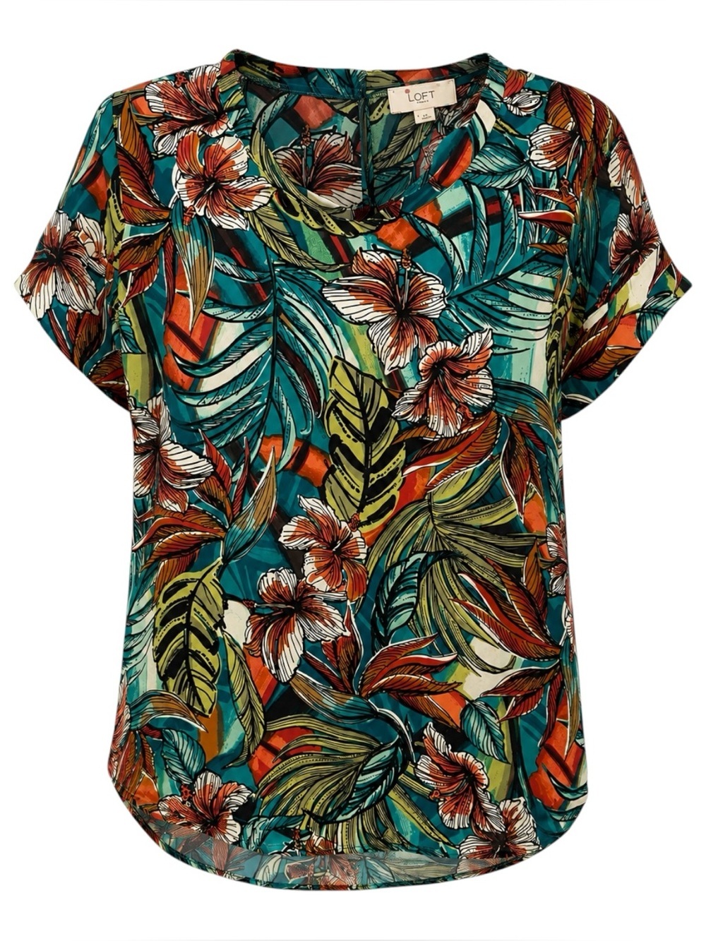 LOFT Outlet Women M Tropical Floral Blouse Teal Coral Dolman Sleeve